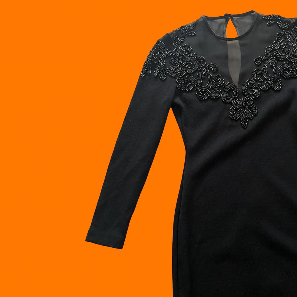 90's vintage black wool blend high neck mesh beaded bodycon mini dress SMALL - Picture 4 of 7